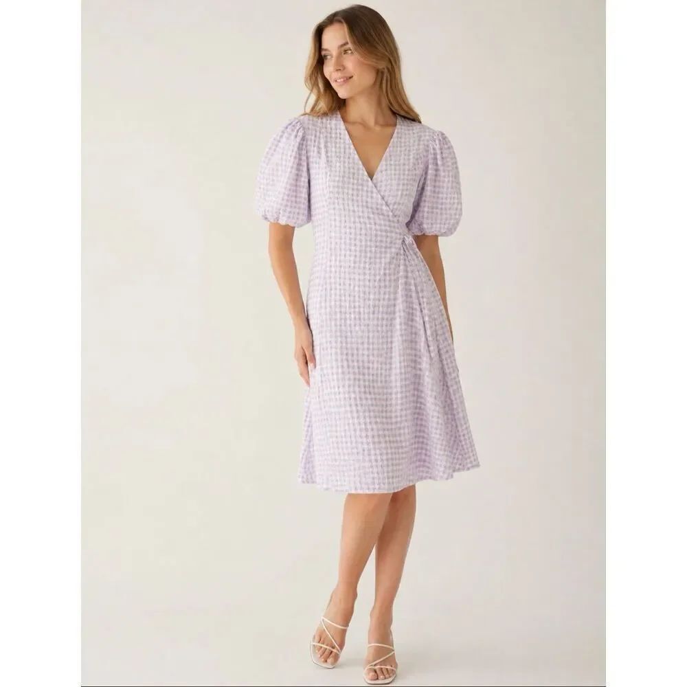 WRAY NYC Juliette wrap Dress in hyacinth gingham puff sleeve cottagecore